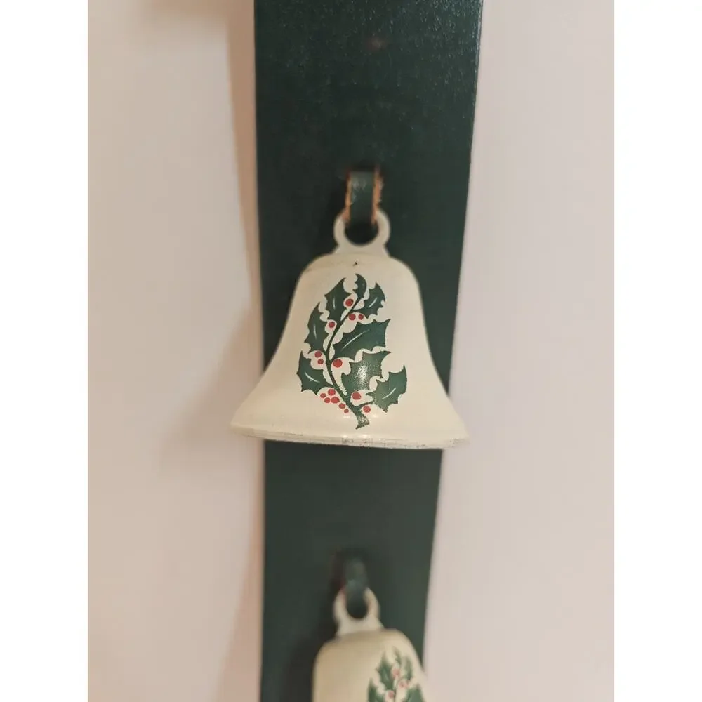 Vintage Christmas Bells On Leather Strap Door Hanger Holly LOUD Bells Holiday